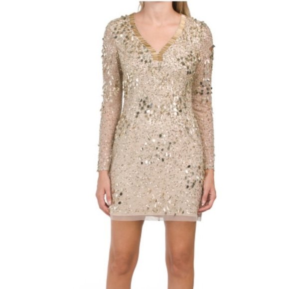 NWT Aidan by Aidan Mattox Sheer Sleeve Gold V-neck Beaded...